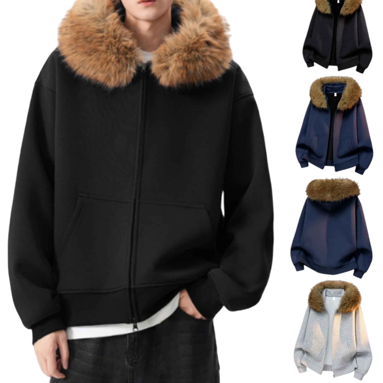 Generisch Męska kurtka z kapturem z zamkiem błyskawicznym na całej długości i futrzanym kołnierzem, ciepły płaszcz zimowy z miękkiego polaru, streetwear unisex