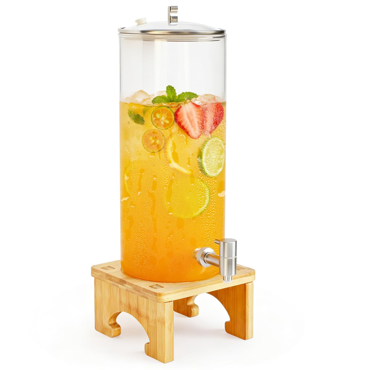 Dispensador de bebidas de 7 L con soporte, dispensador de vidrio con llave de acero inoxidable macizo para jugos helados, agua, bebidas caseras, fiestas, bodas