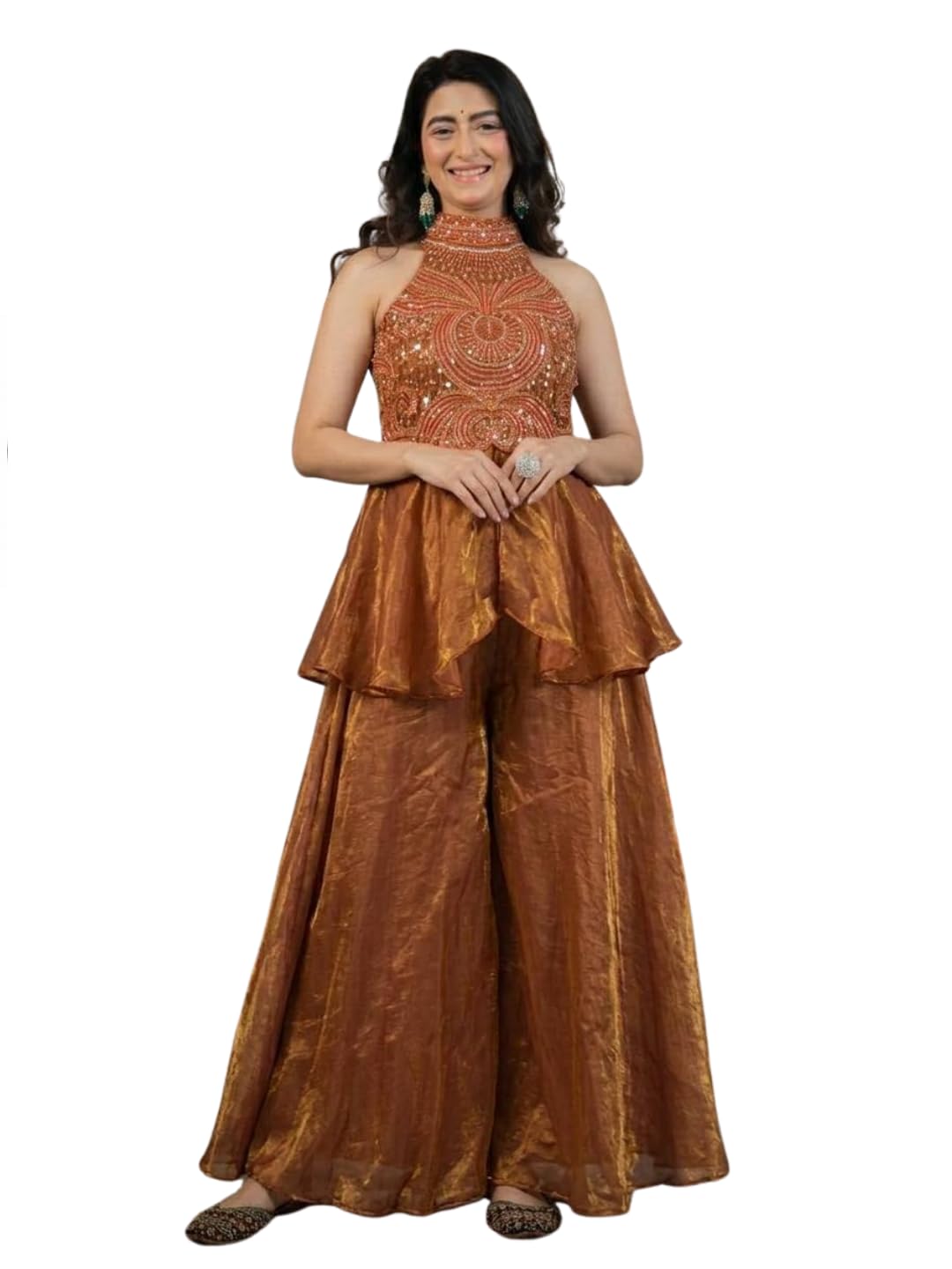 Roopkala Fashion Copper Halter Neck Peplum Top with Sharara-picture-41