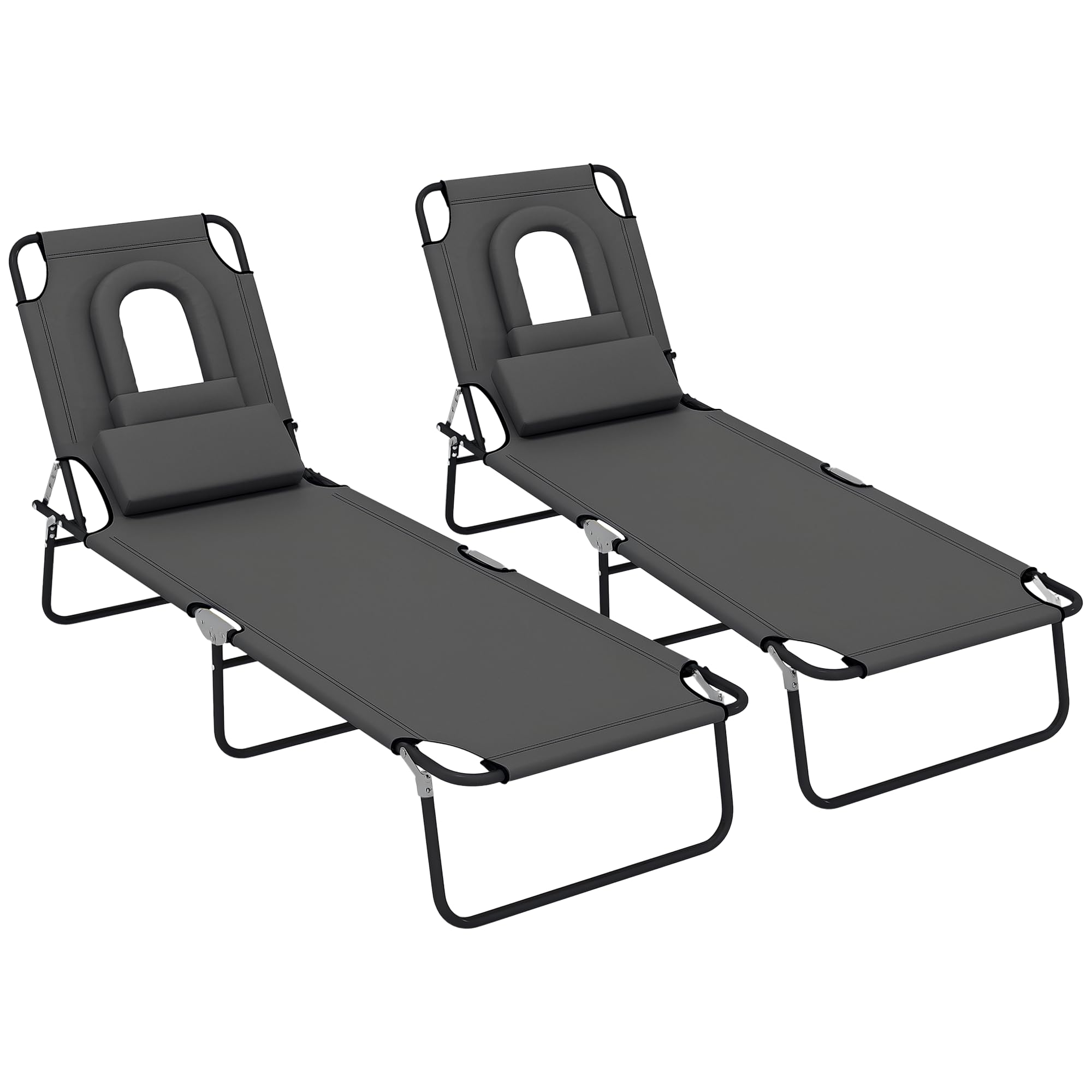 Outsunny Folding Sun Lounger with Face Hole, 4-Position Adjustable Backrest Garden Recliner Chair Sunbed, Outdoor Lounge Chair with 600 D Oxford Cloth Seat, Pillow for Beach, Black — view 13