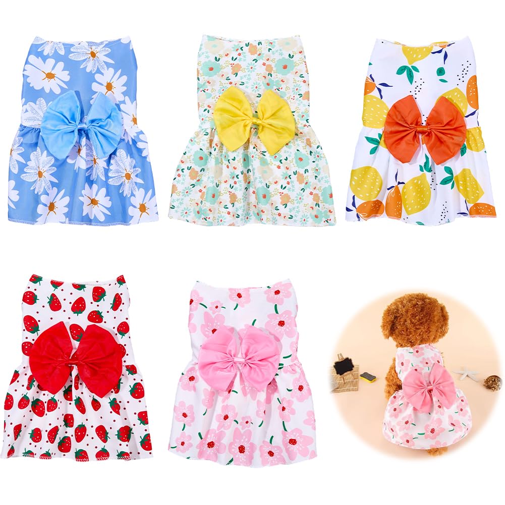 SUPERFINDINGS 5Pcs Girl Dog Clothes Polyester Pet Summer Wear Floral Dog Dress Cute Dog Skirt Puppy Princess Bowknot Dresses for Small Dog Cat Pet,28x25.5cm/11x10 Inch(XS)