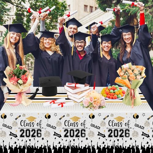 Image of Graduation Decorations Class of 2026 Tablecloth - 3 Pcs Plastic Congrats Grad Table Cloth, Graduation Table Cover for Graduation Party Decorations 2026 and Party Supplies, 54 inchx108 inch (Black and Gold)