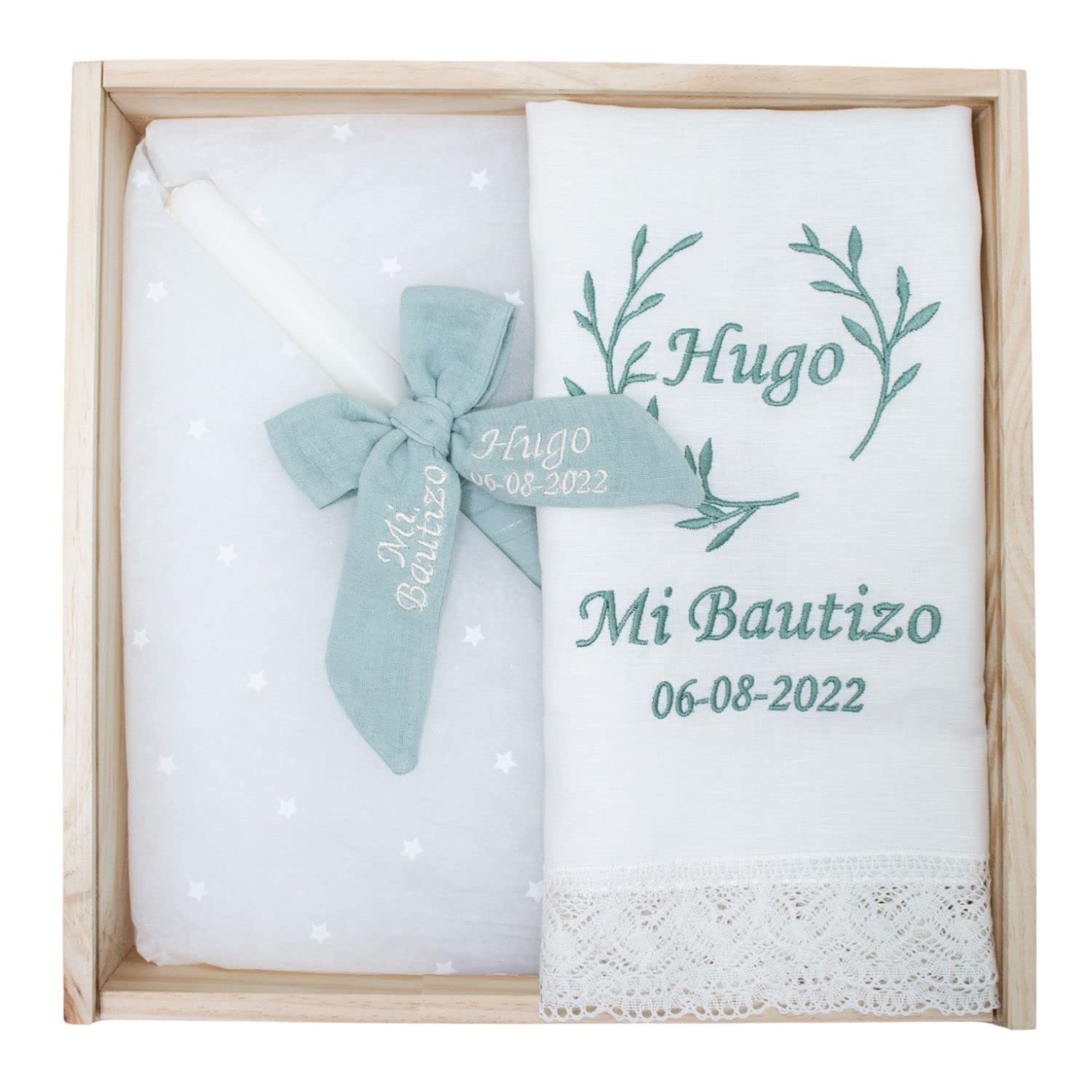Kit de vela y pañuelo personalizado para Bautizo - Incluye caja de madera grabada – Pack de vela decorada y Paño bordado con nombre y fecha del Bautismo - Modelo Bambula (Verde menta)