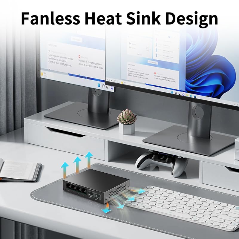 Image illustrating the fanless heat sink design of the switch and its quiet operation.