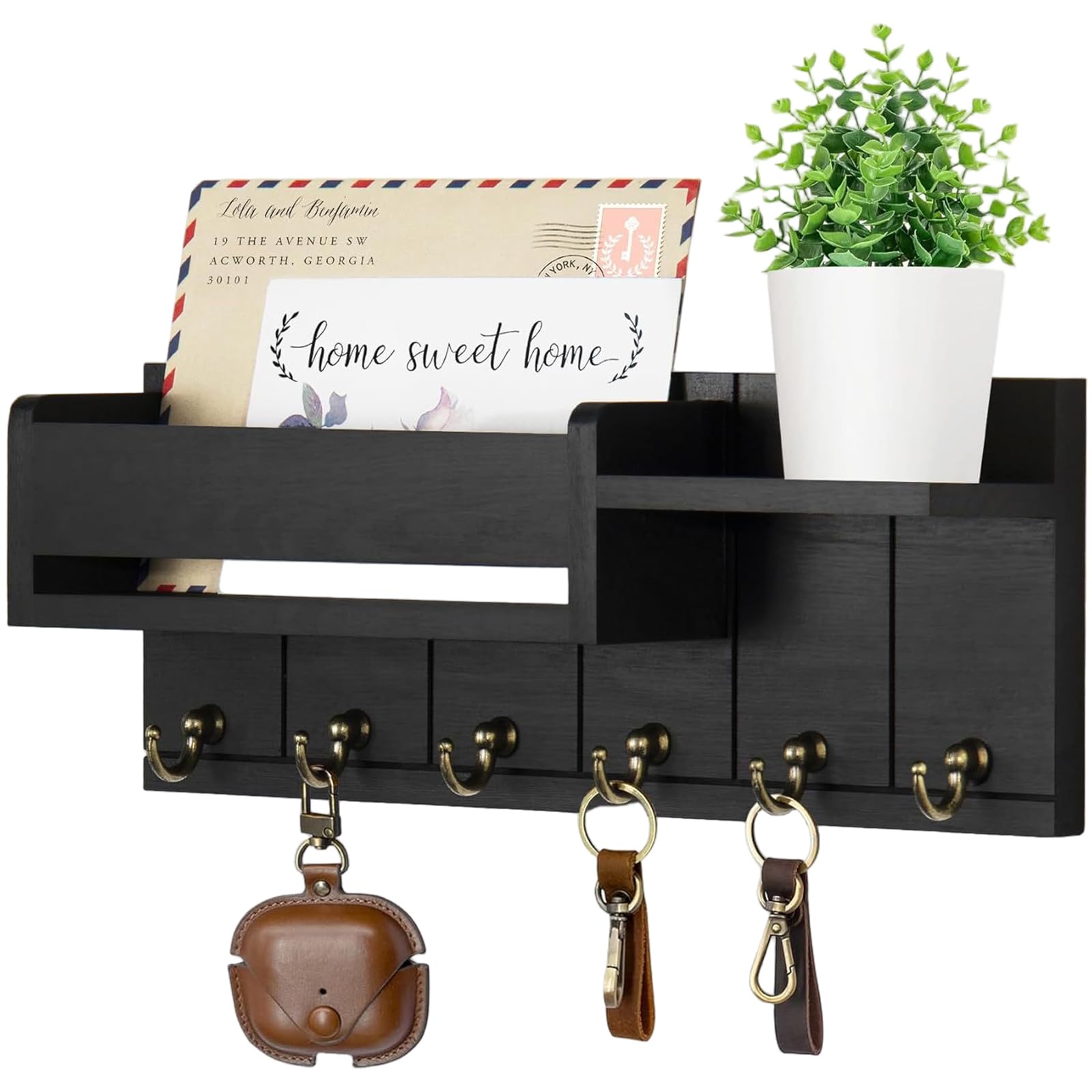 Hbbgdiy Black Key Holder Wall Mount With Mail Organizer And 6 Hooks, Wood Key Organizer For Entryroom Hallway Doorway Mudroom Kitchen Office.
