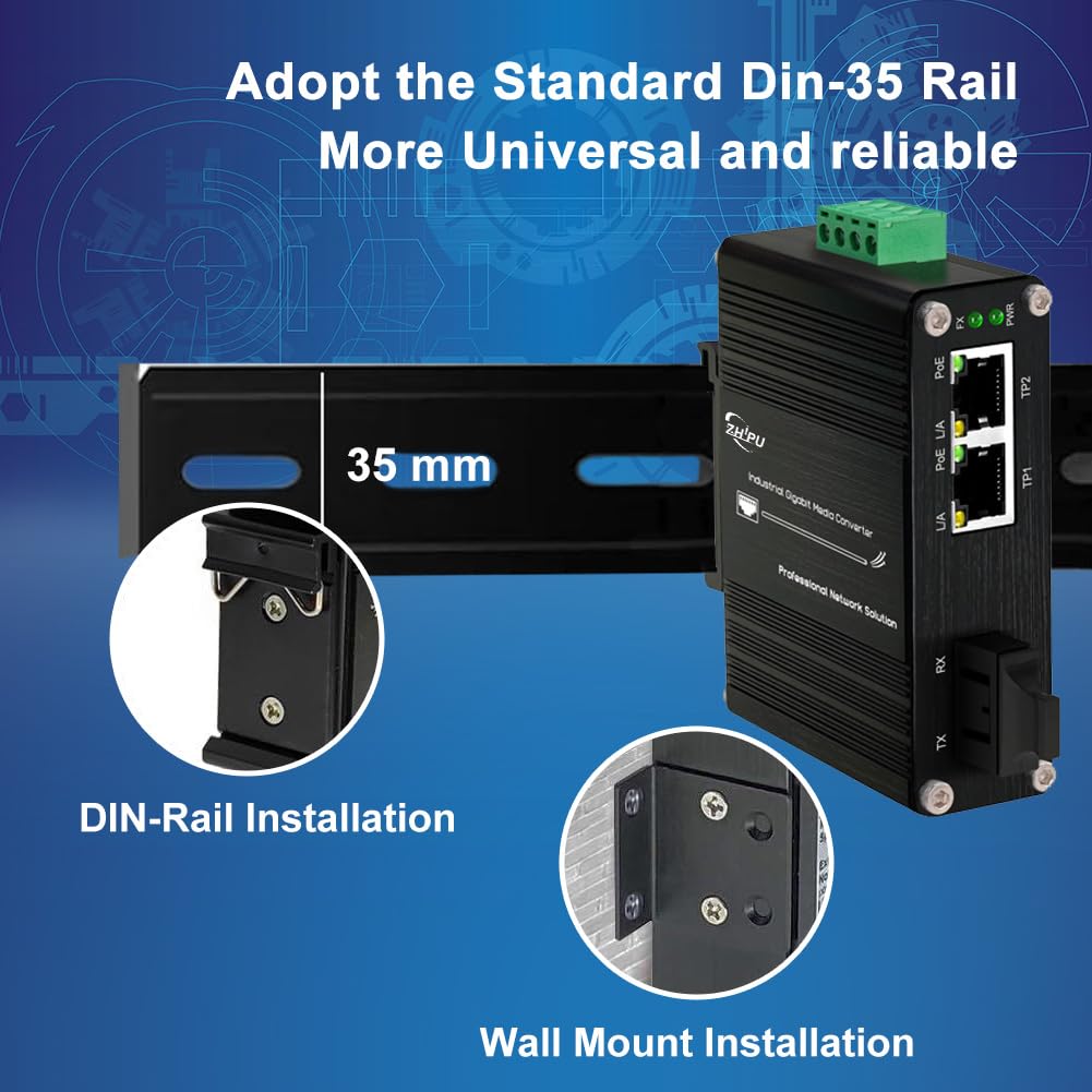 Convertisseur de média industriel 1,25 G Gigabit SC vers Ethernet prenant en charge le rail DIN, commutateur de fibre IEEE 802.3af/at 30 W PoE avec 2 ports RJ45 et 1 port SC monomode, jusqu'à 20 km,