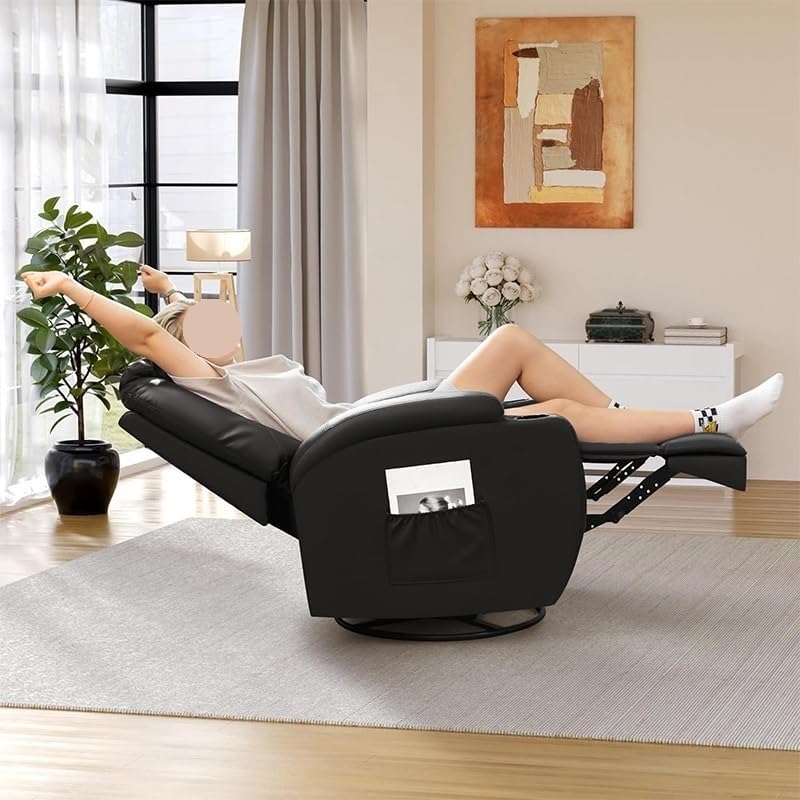 PU Leather Electric Lift Rocking Recliner Chair Elderly Black Modern Home Reclining Sofa with Massage and Heated 2 Side Pockets Cup Holders USB Ports Single Seat for Living Room