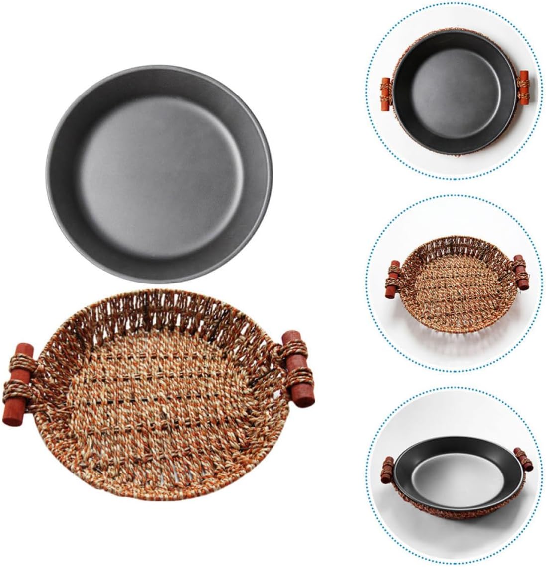 1 Set round Iron Hot Plate with Heat-resistant Rattan Basket Nonstick Steak Sizzling Platter for Roasting Cooking Pan Indoor Grill Plate for Home and Commercial Use