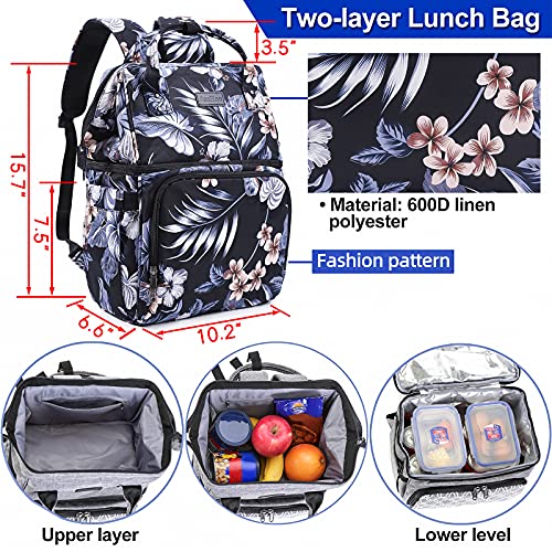 Image of AmHoo Insulated Lunch Box Cooler Backpack Waterproof Leak-Proof Lunch Bag Tote for Men Women Hiking Beach Picnic Trip with Strongest YKK Zipper Black Flower Pattern