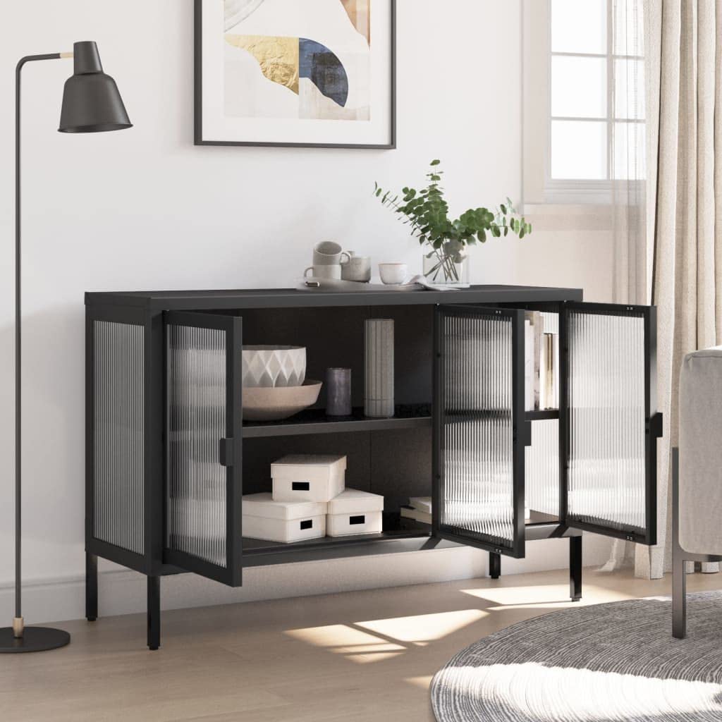 Credenza nera, 105 x 35 x 70 cm, vetro e acciaio