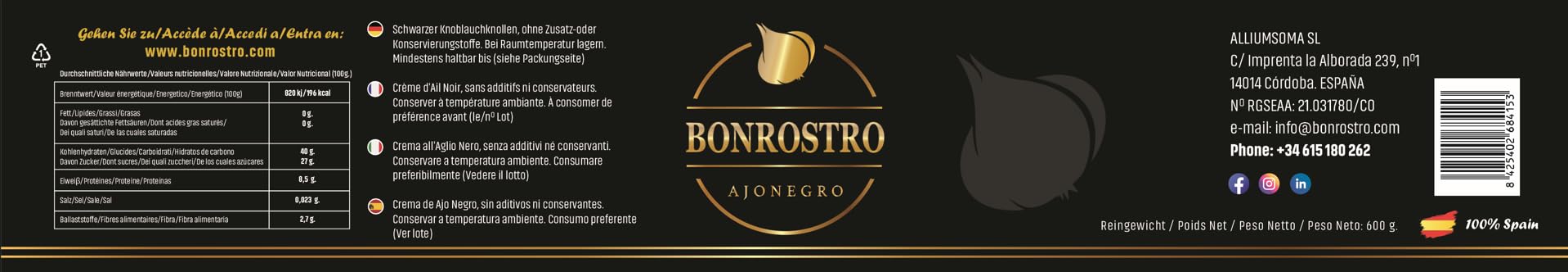 Bonrostro Ajo Negro - Vasetto da 600 grammi di crema all'aglio nero