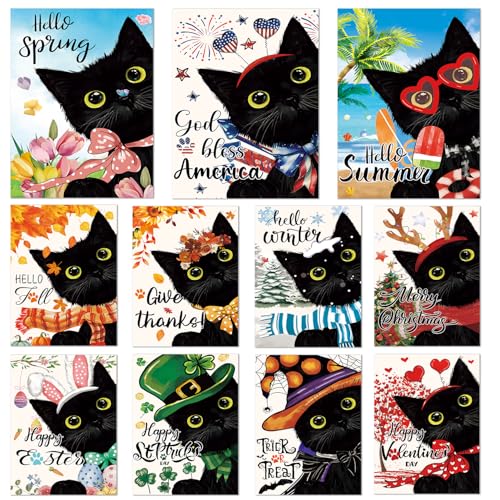 Seasonal Garden Flags Set of 11 Double Sided 12 x 18 Inch Cute Black Cat Yard Flags Small Flags for Outside Spring 4th of July Easter Outdoor Flags Holiday Garden Flags for All Seasons