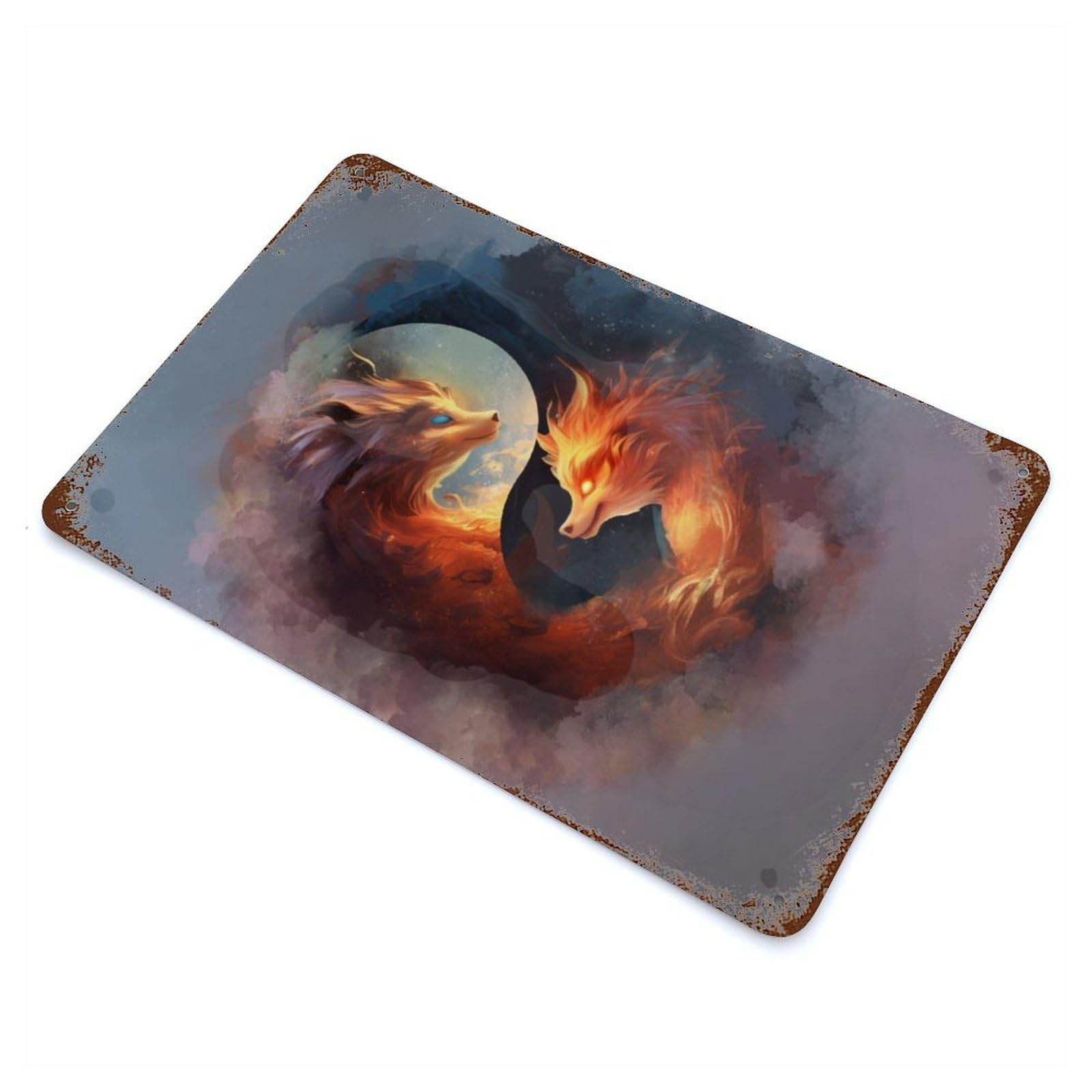 Decorative Tin Sign Fox Yin Yang Japanese 11.8"x7.9", Novelty Wall Decor for Shed, Workshop And Garage Wall Decor