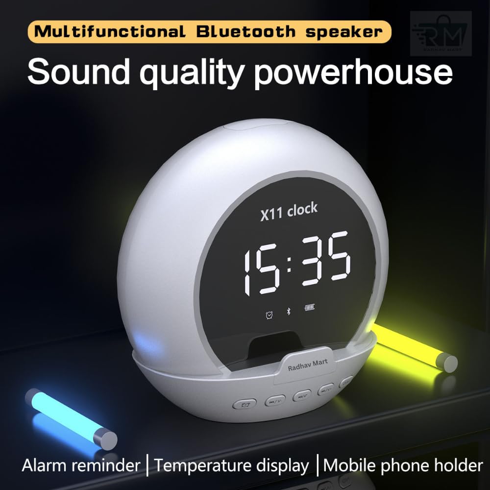 Radhav Mart Digital Alarm Clock for Students & Deep Sleepers — Compact LED Table Clock with Bluetooth Speaker, Phone Holder, Pen Stand for Bedroom, Study, Home Desk (Elliptical Shape, White) 2