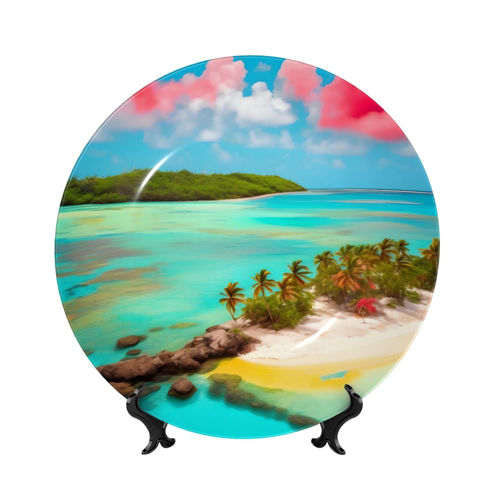 SXZVVBN Caribbean Scenery Bone China Decorative Plate Art with Stand Removable Adhesive Hanging for Home Office 8in（20cm）