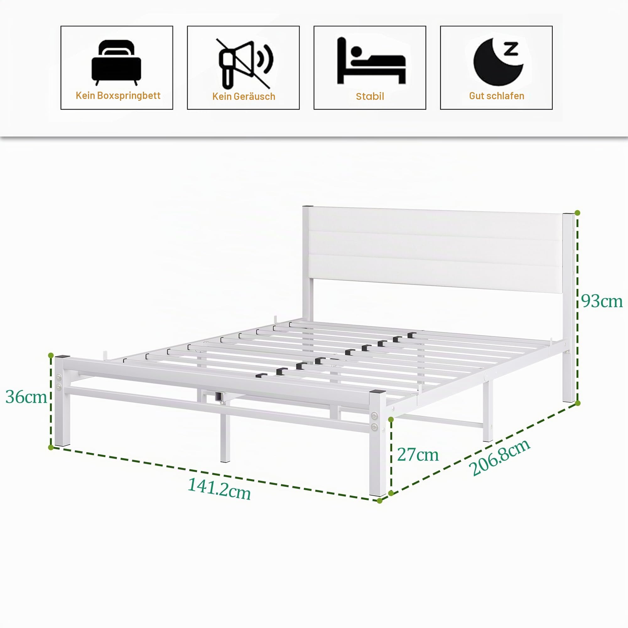 Bett 140x200 mit Stauraum und lattenrost,Bettgestell Metallbett 140x200 Bett mit Kopfteil,Bettrahmen aus Metall,Modern Doppelbett Polsterbett Bed Frame Weiß