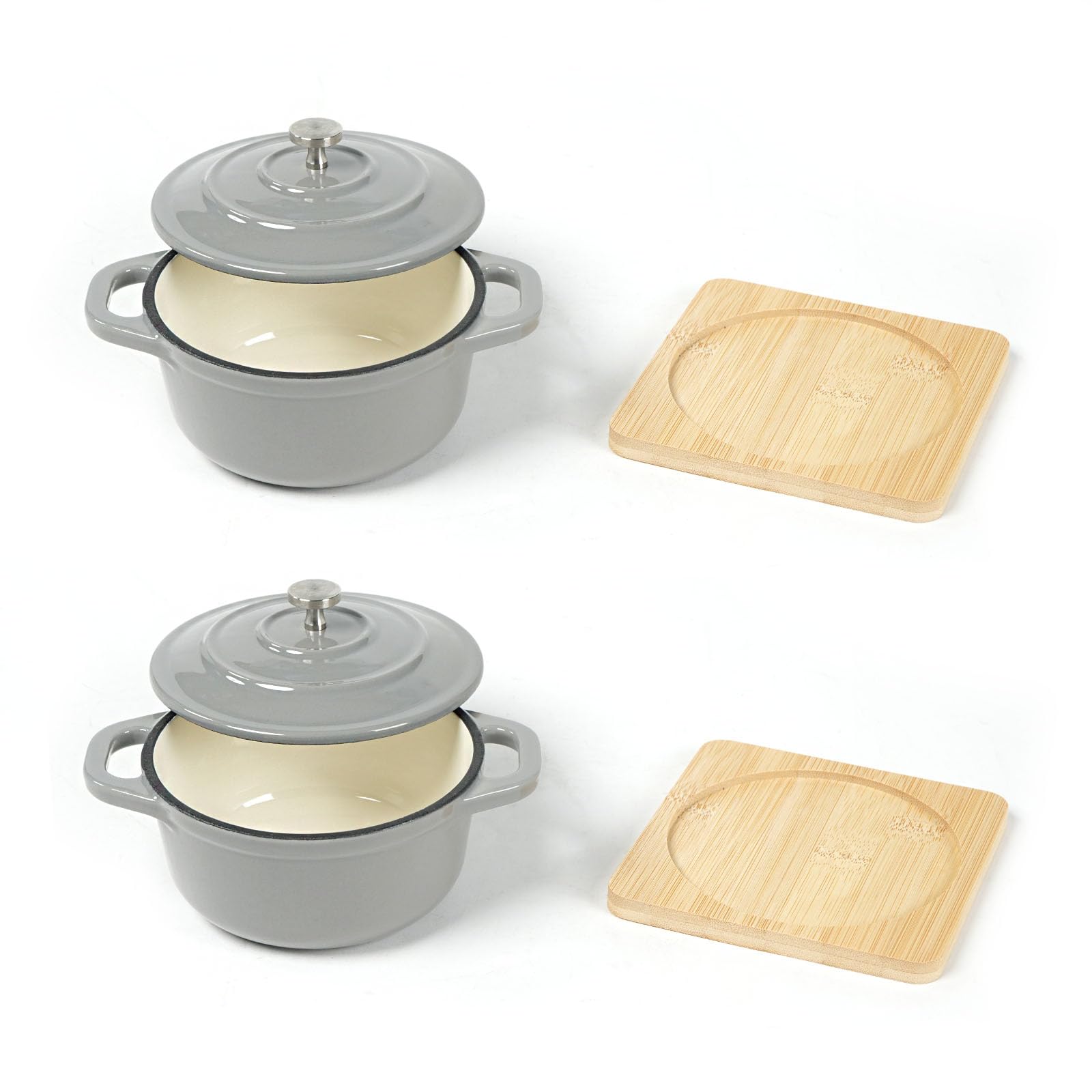 HAWOK Mini-Cocotte Set Aus Gusseisen – 2 Kleine Schmortöpfe Mit Deckel & Bambustabletts