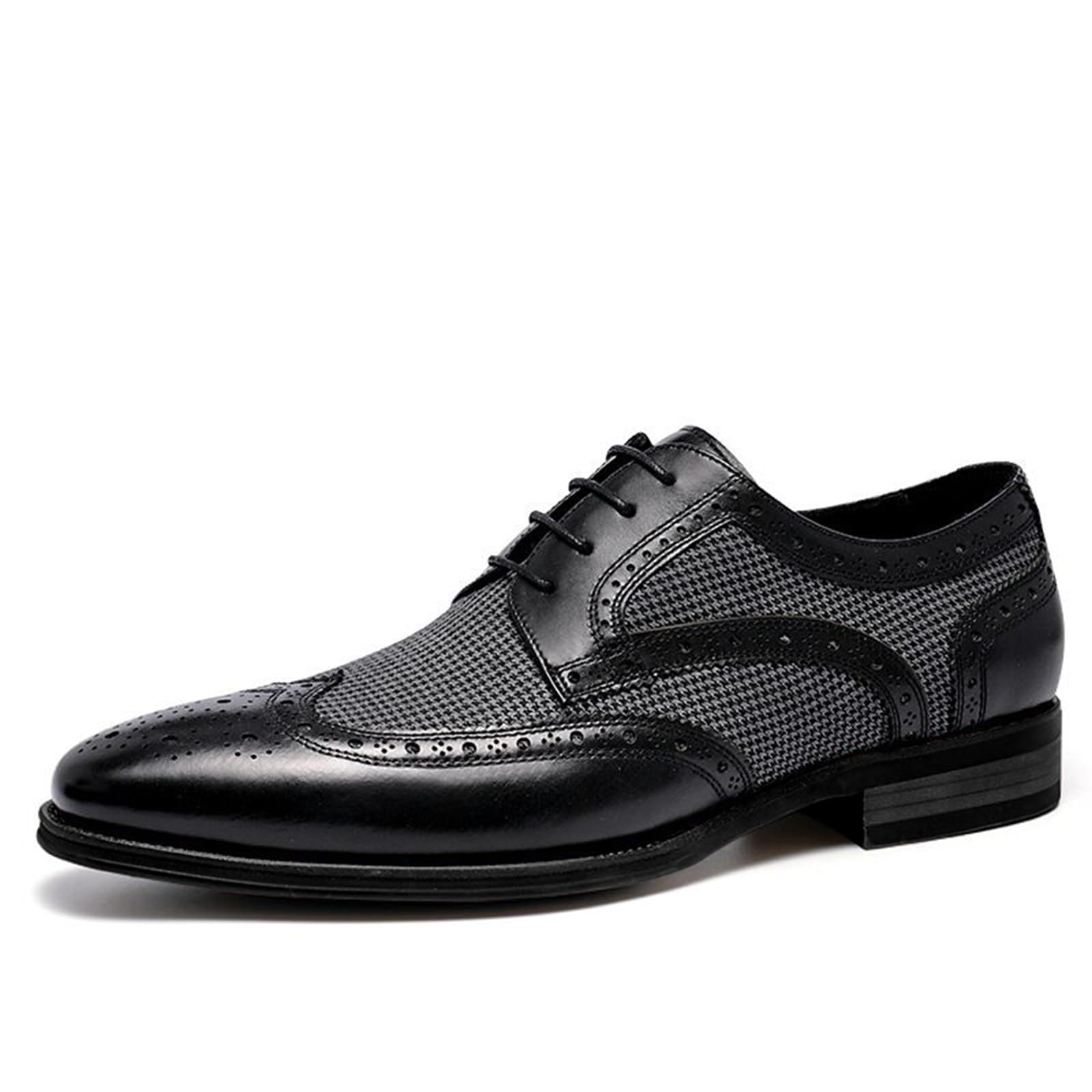 Mens Plaid Wingtip Oxfords Fashion Leather Round Toe Low Block Heel with Lace-Up Formal Brogues for Business Wedding