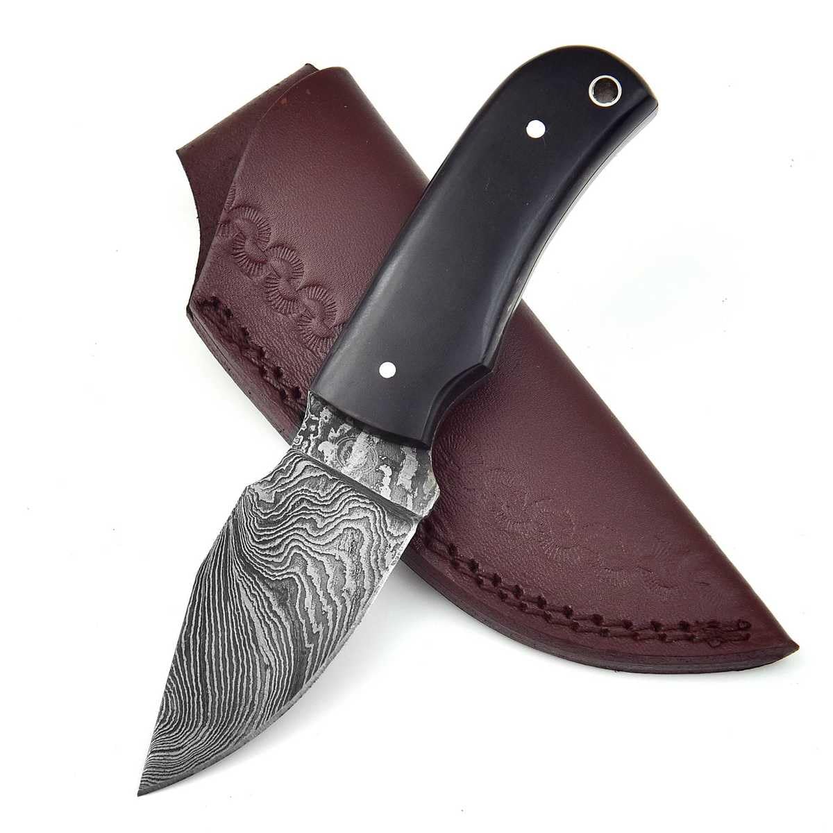 Damast Jagdmesser schöne Klingenmaserung Damast Stahl mit Lederhülle6081