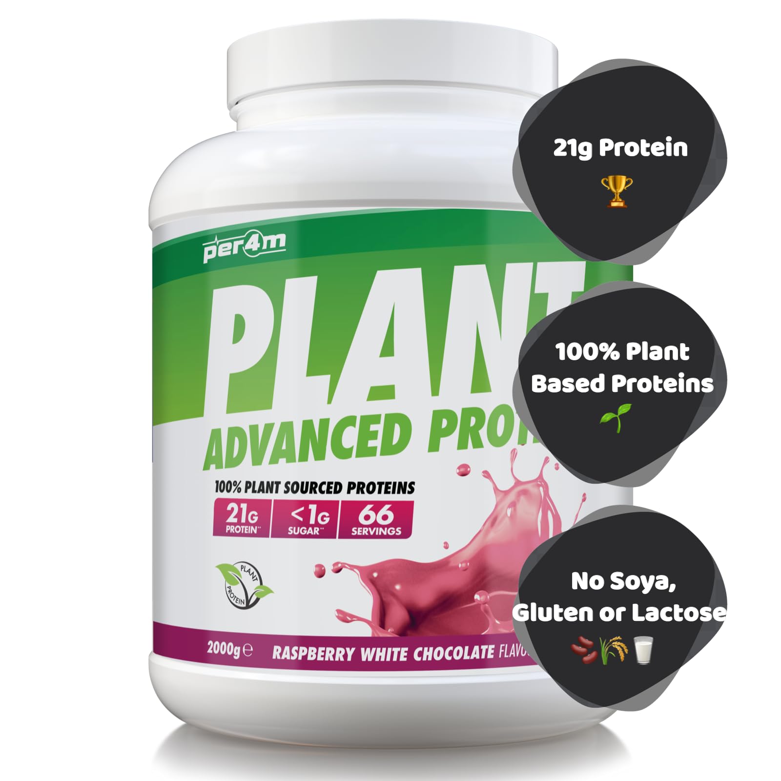 Per4m Plant Protein Protéine Végétale Vegan Acides Aminés Sans Lactose Nutrition Sport Récupération Musculaire Sabor Raspberry White Chocolate 2 kg