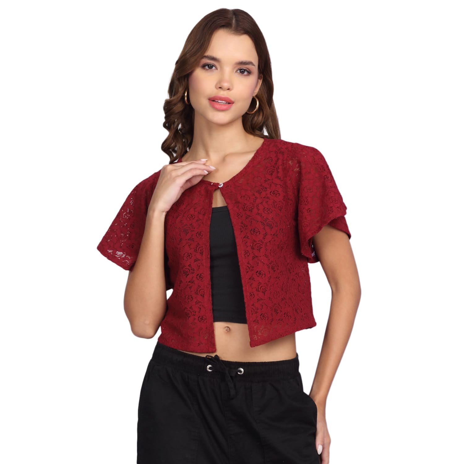Women's Self Designed Short Sleeve Button Closure Poly Cotton Lace Shrug-picture-49