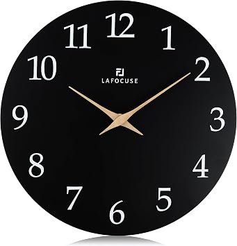 Lafocuse 12 Inch Wooden Black Wall Clock Battery Operated Silent Non-Ticking, Modern Simple Wall Clock for Living Room Decor Kitchen Bedroom Office