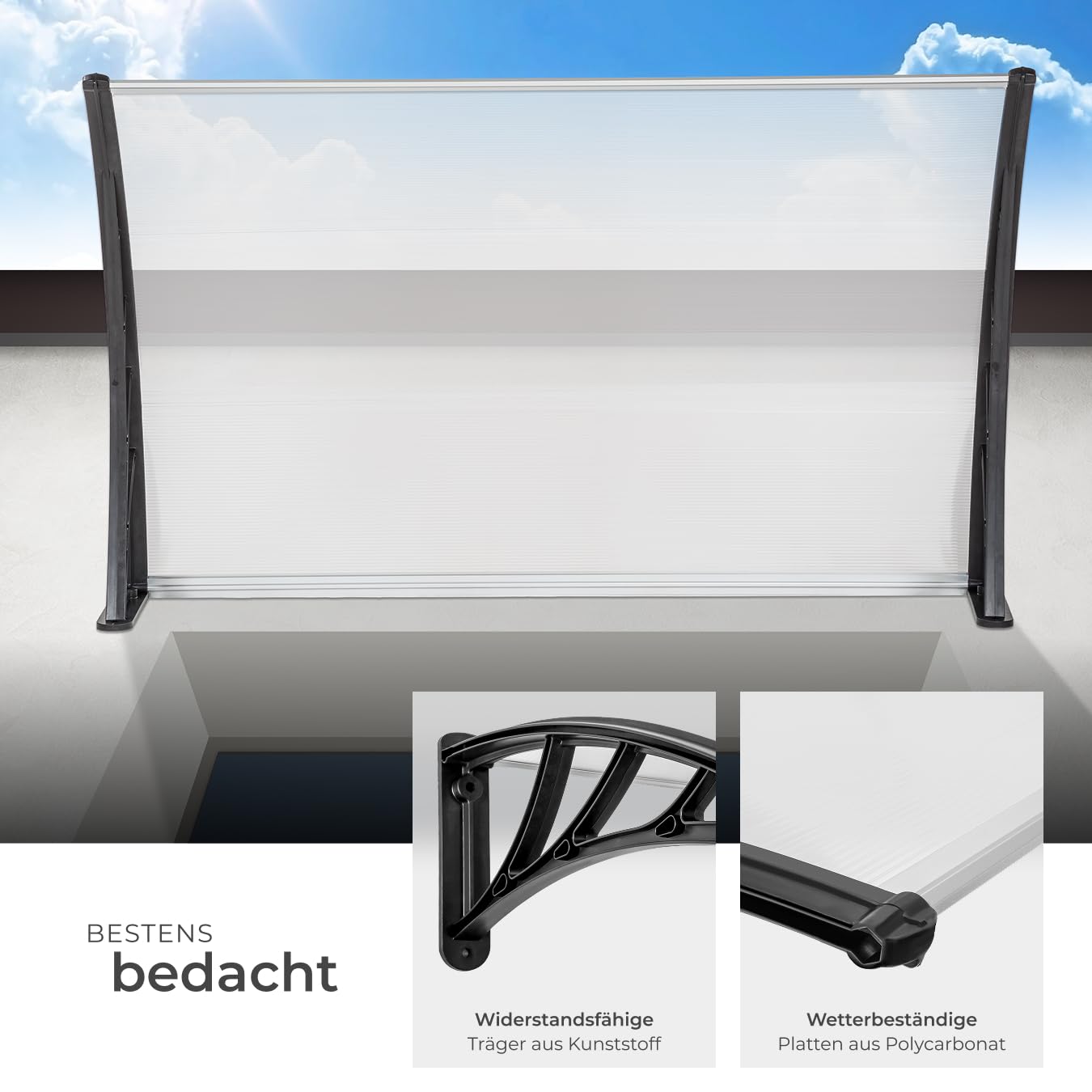 tectake® Vordach für Haustür, Überdachung Terrasse Tür, Haustür Vordach, Balkon Überdachung, Unterstand, Dach für Fenster, Schaufenster und Eingangstür, Montage an Fassadenverkleidung aussen - 150 cm