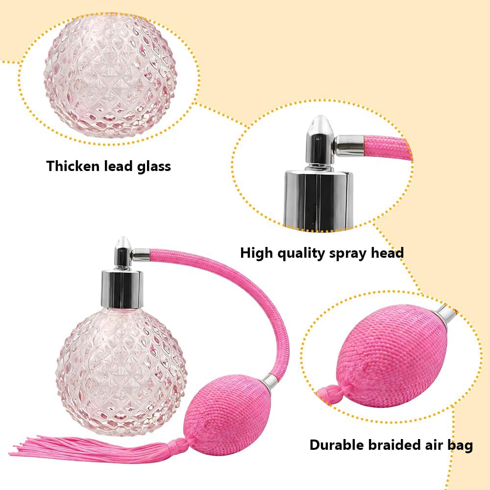 Retro Crystal Perfume Bottle, 80ml Refillable Pink Perfume Atomizer Empty with Pink Long Tassels Vintage Spray Atomizer Pump Glass Container Reusable Dispenser Bottles for Makeup Hair(Sliver Nozzle)