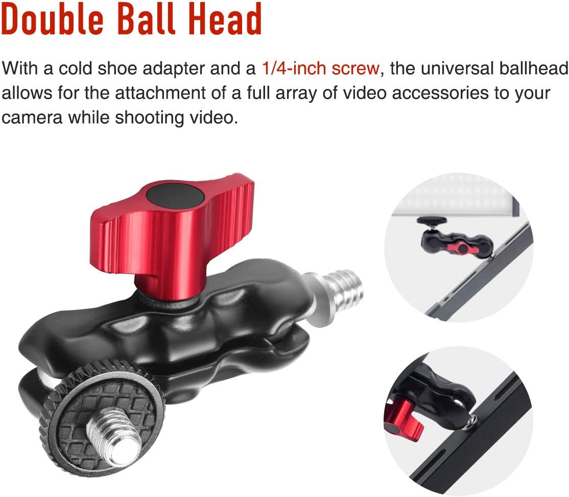 CAMO Double Ball Head, with Shoe Mount and 1/4-inch Screw, for DSLR Camera/On-Camera Monitor/Video Lights, Multi-Functional Portable Durable Aluminum Alloy …
