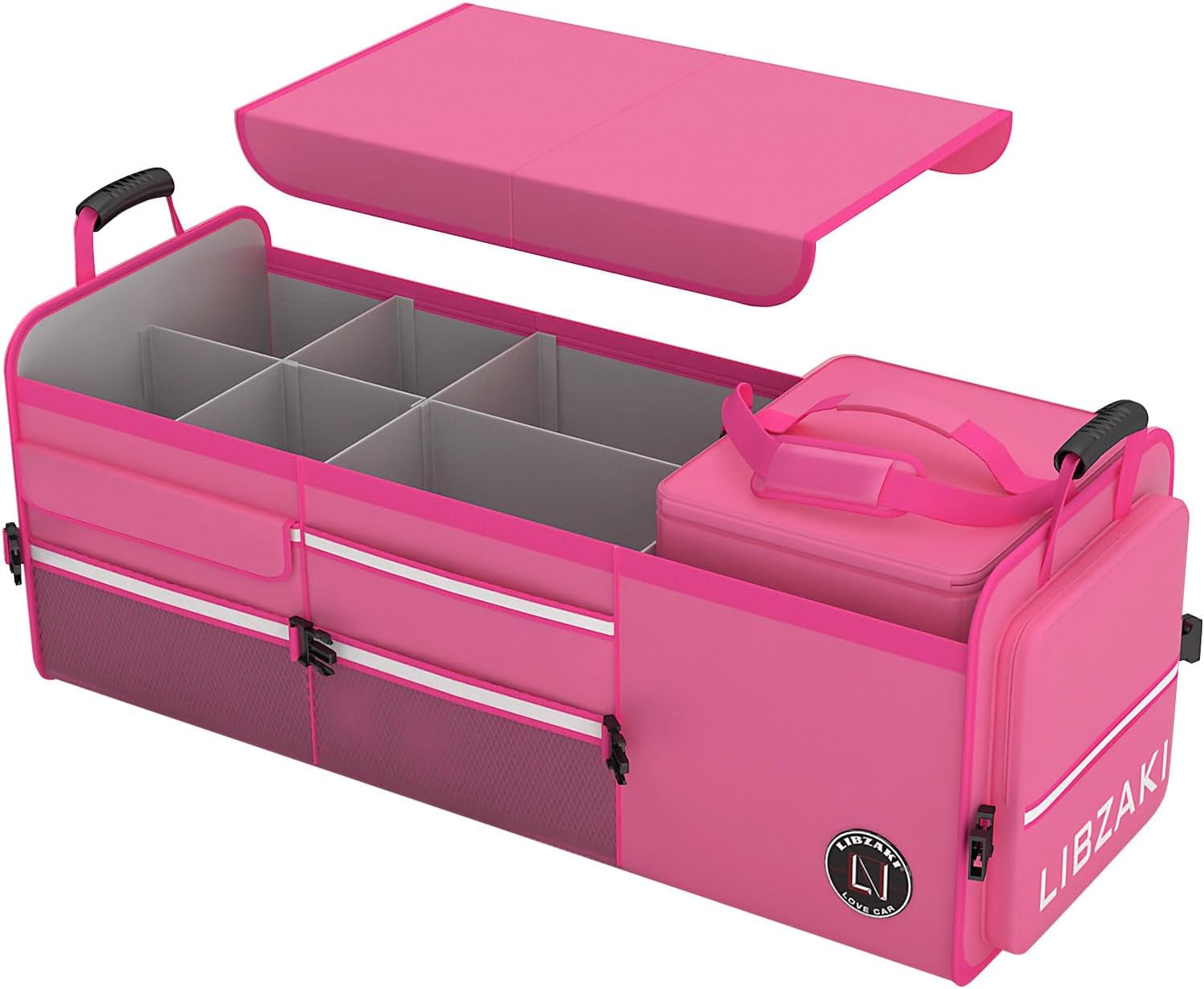 LIBZAKI Oversize 4 in 1 Car Trunk Storage Organizer, Multi Compartment Collapsible Trunk Storage Box with Cooler Bag for Car Truck SUV-Rose red