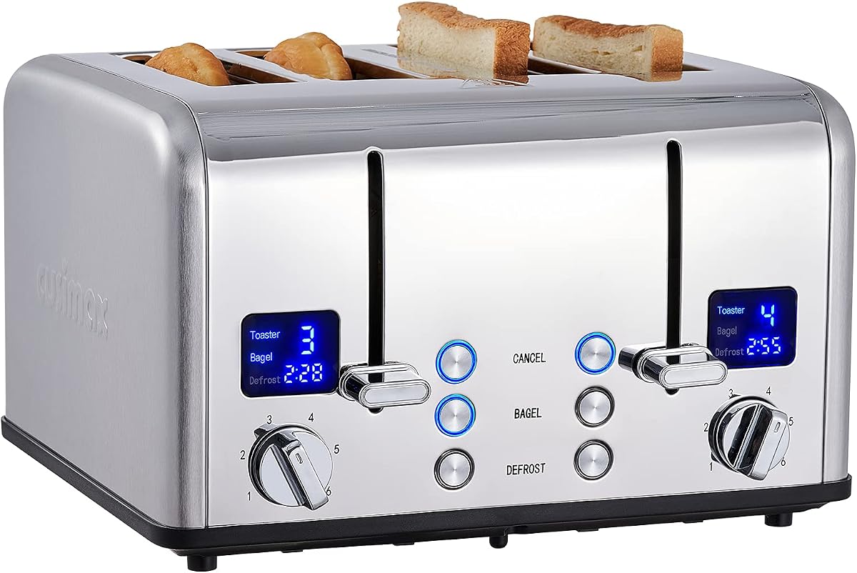 Tostadora de acero inoxidable de 4 rebanadas con pantalla digital, plateada | Pantalla LED con temporizador de cuenta atrás, 6 niveles de dorado, bagel/descongelar/cancelar, controles duales independientes, ranuras extra anchas de 1,5"