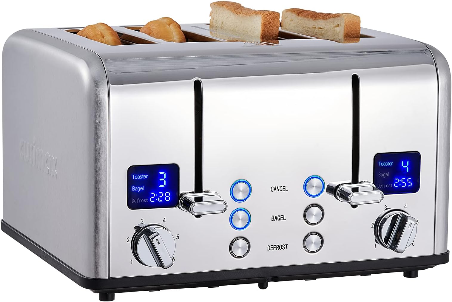CUSIMAX 4 Slice Toaster, Ultra-Clear LED Display & Extra Wide Slots, Dual Control Panels of 6 Shade Settings, Cancel/Bagel/Defrost Function, Removable Crumb Trays, Stainless Steel Toaster