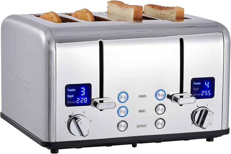 Tostadora de acero inoxidable de 4 rebanadas con pantalla digital, plateada | Pantalla LED con temporizador de cuenta atrás, 6 niveles de dorado, bagel/descongelar/cancelar, controles duales independientes, ranuras extra anchas de 1,5"