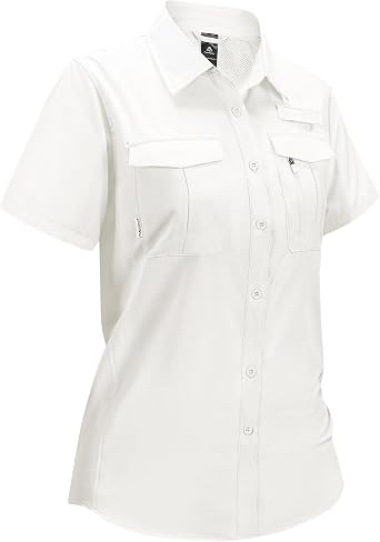 Haimont Womens UPF 50+ Short Sleeve Hiking Button Down Shirt | Quick-Dry Stretch, Mesh Back Vents, 2 Chest Pockets + Zip Pocket, Sunglasses Loop, Lens Cloth, Travel