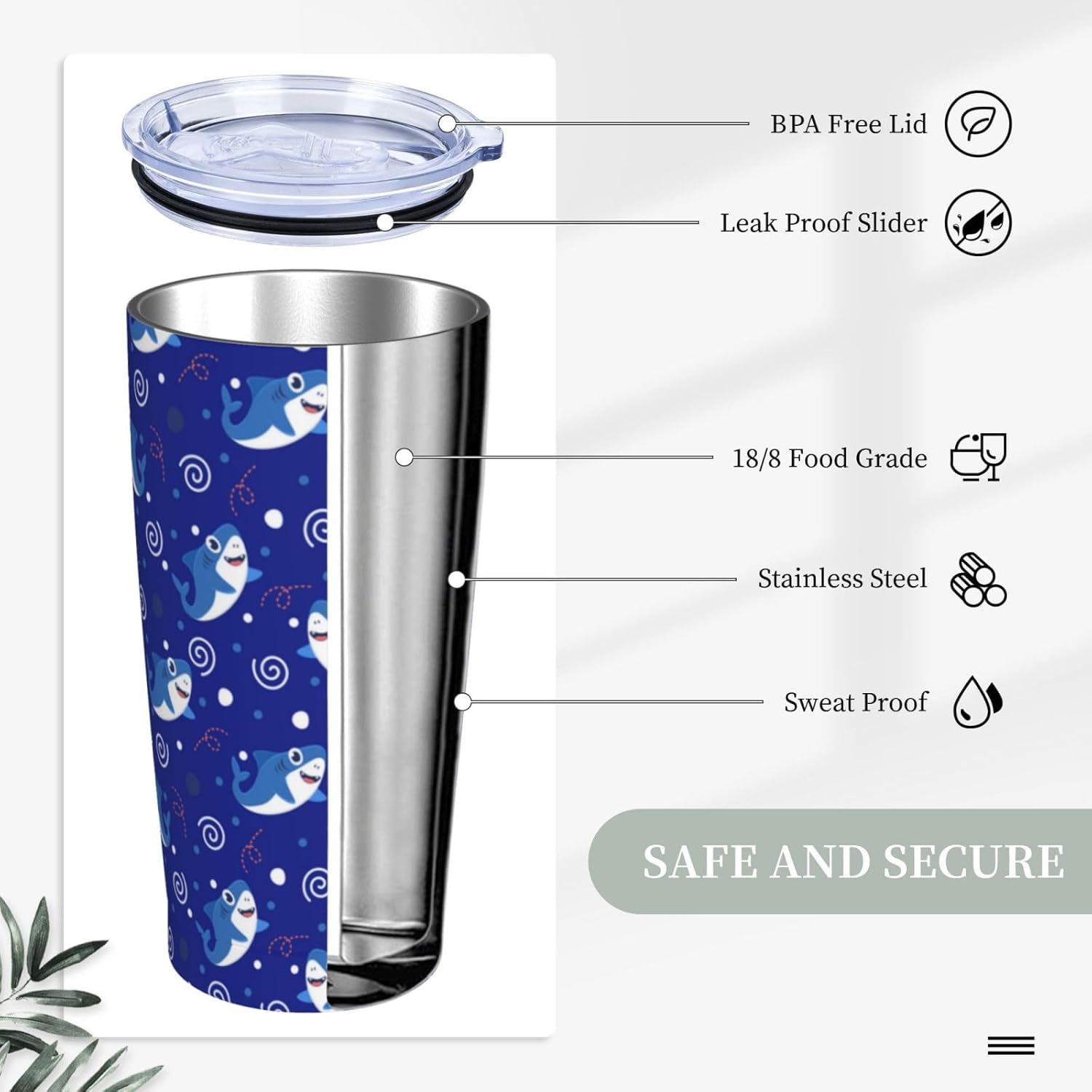 Shark Tumbler 20oz Animal Stainless Steel Insulated Tumblers with Lid and Straw Navy Blue Travel Coffee Mug Tea Wine Cups Water Bottle Sport Gifts for Women - Image 4