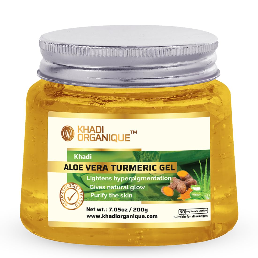Khadi Organique Turmeric Gel with Aloe vera & Vitamin E for Face, Skin & Body| Moisturizing, Skin Brightening & Anti-Acne| Suitable for Men & Women of all Skin Types - 200gm