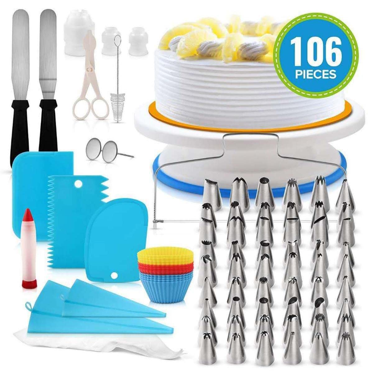 Tortenständer Drehteller Kuchendekorationswerkzeuge Kit Drehtisch Backwerkzeug Spritztülle Spritzbeutel Set Backzubehör Sets-106PCS