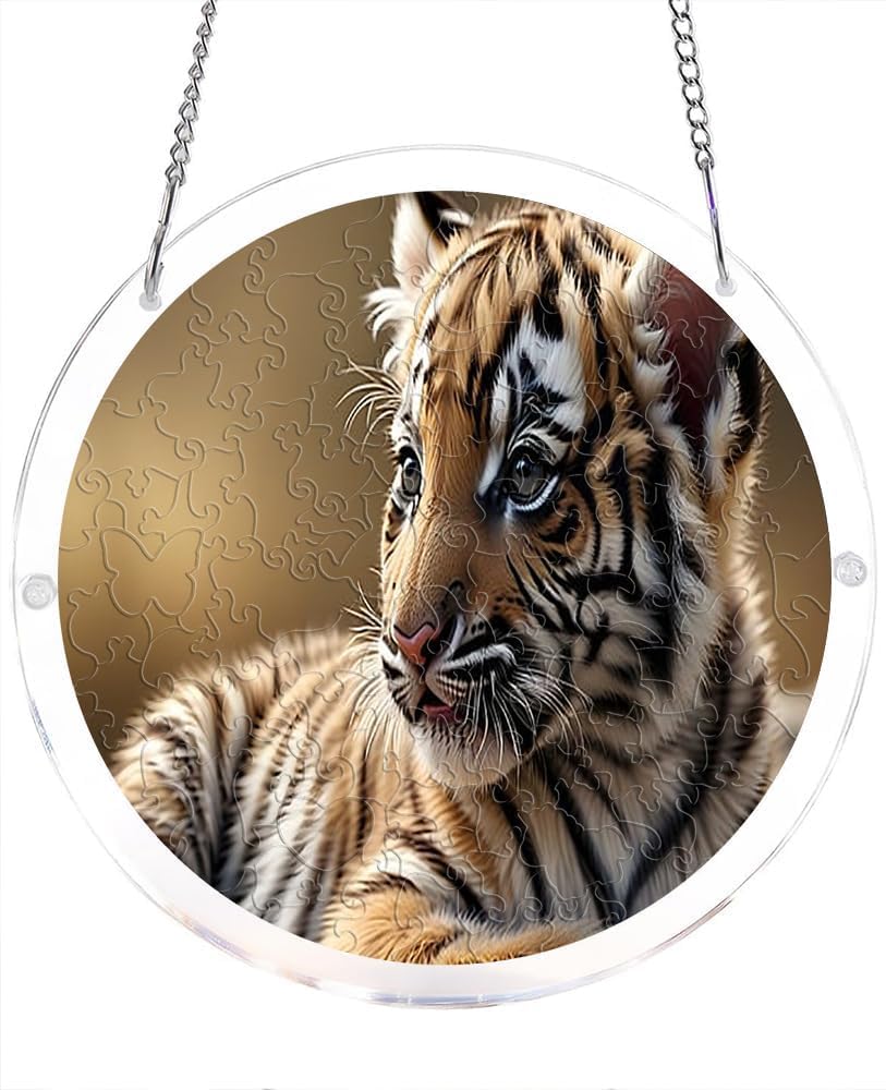 Tiger Cub Animal Acrylic Jigsaw Puzzles Suncatcher, 7.4 Inch Window Hanging Suncatcher Acrylic Puzzle, DIY Home Decor Art Gift