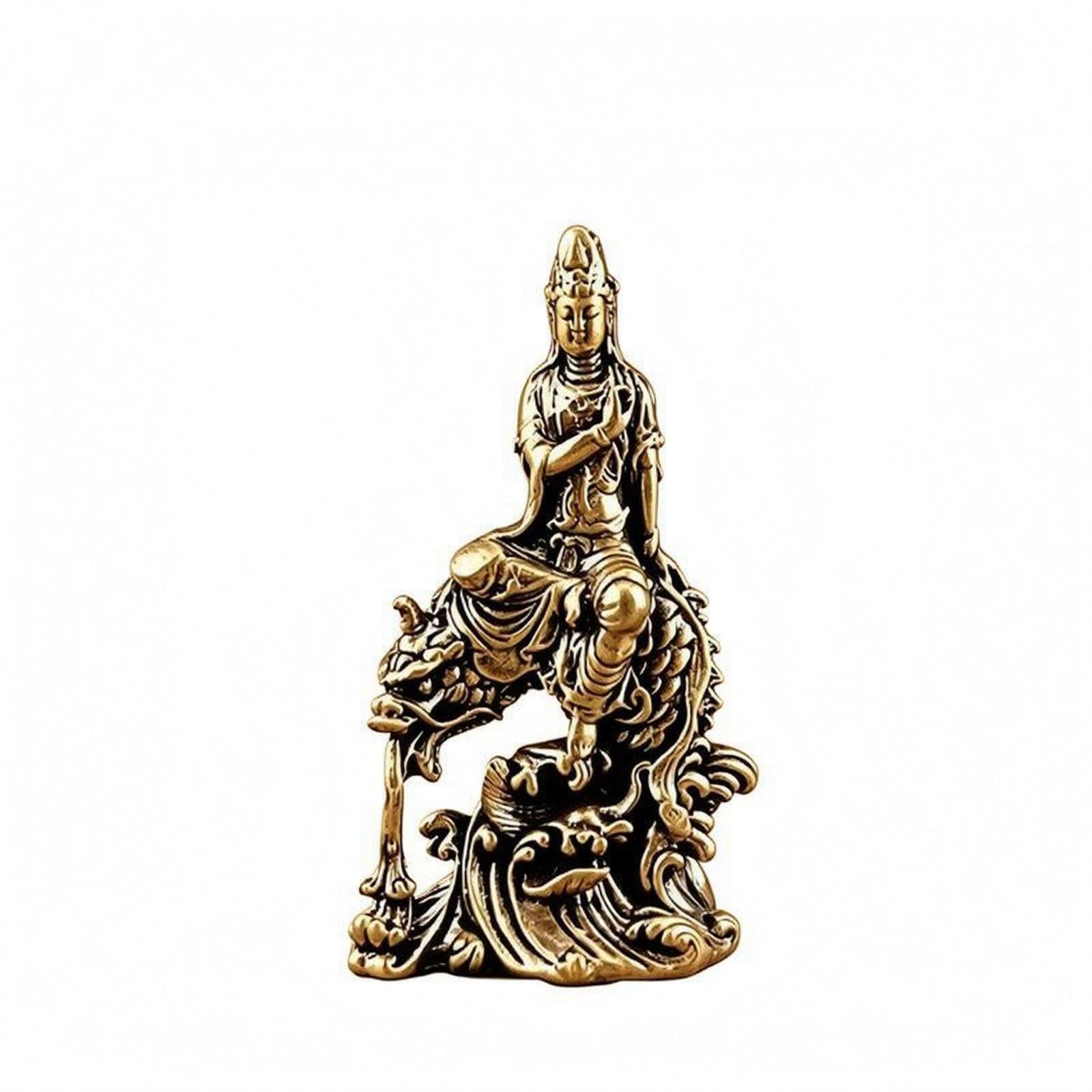 Guanyin Figurine Antique Finish Desktop Figurine Carved Folds Small Brass Statue|Antiques| Asian Antiques| China| Figurines & Statues-image-3