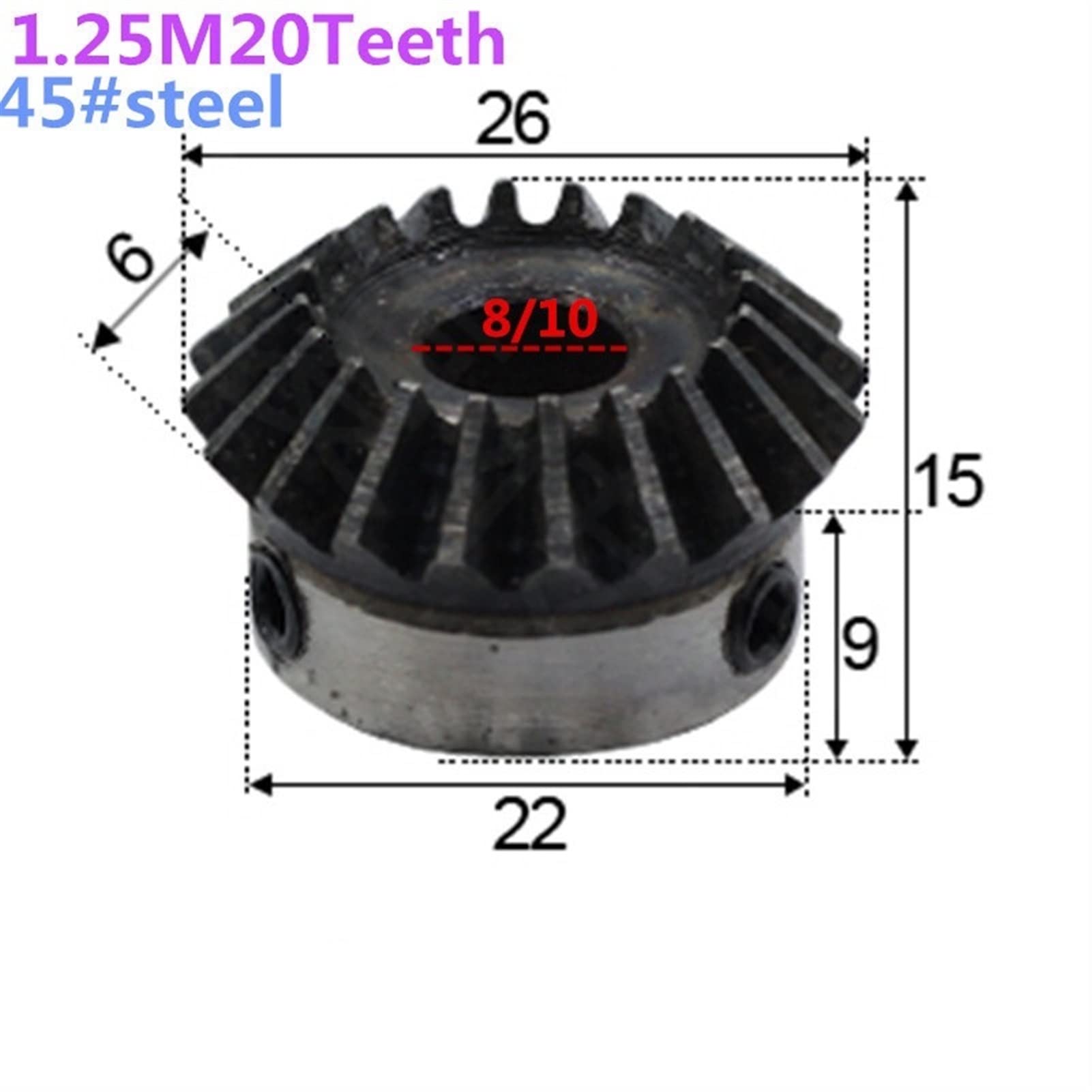 ELLANA Transmission Angle 1pc Bevel Gear 1.25 Module 20 Teeth 8mm 10mm Bore Gear 90 Degrees Meshing Angle 1.25M 20T Steel Gears Screw Hole M5 Driver Shaft (Color : 20 Teeth, Size : 10mm bore)