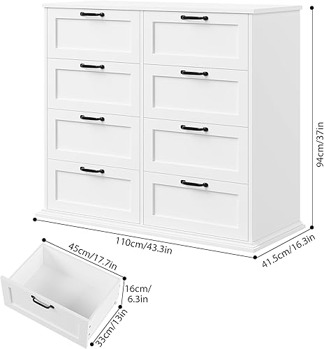 Vista 2 de Cómoda de madera para dormitorio, cómoda blanca con 8 cajones, cómoda para dormitorio, entrada, sala de estar, estilo moderno de granja