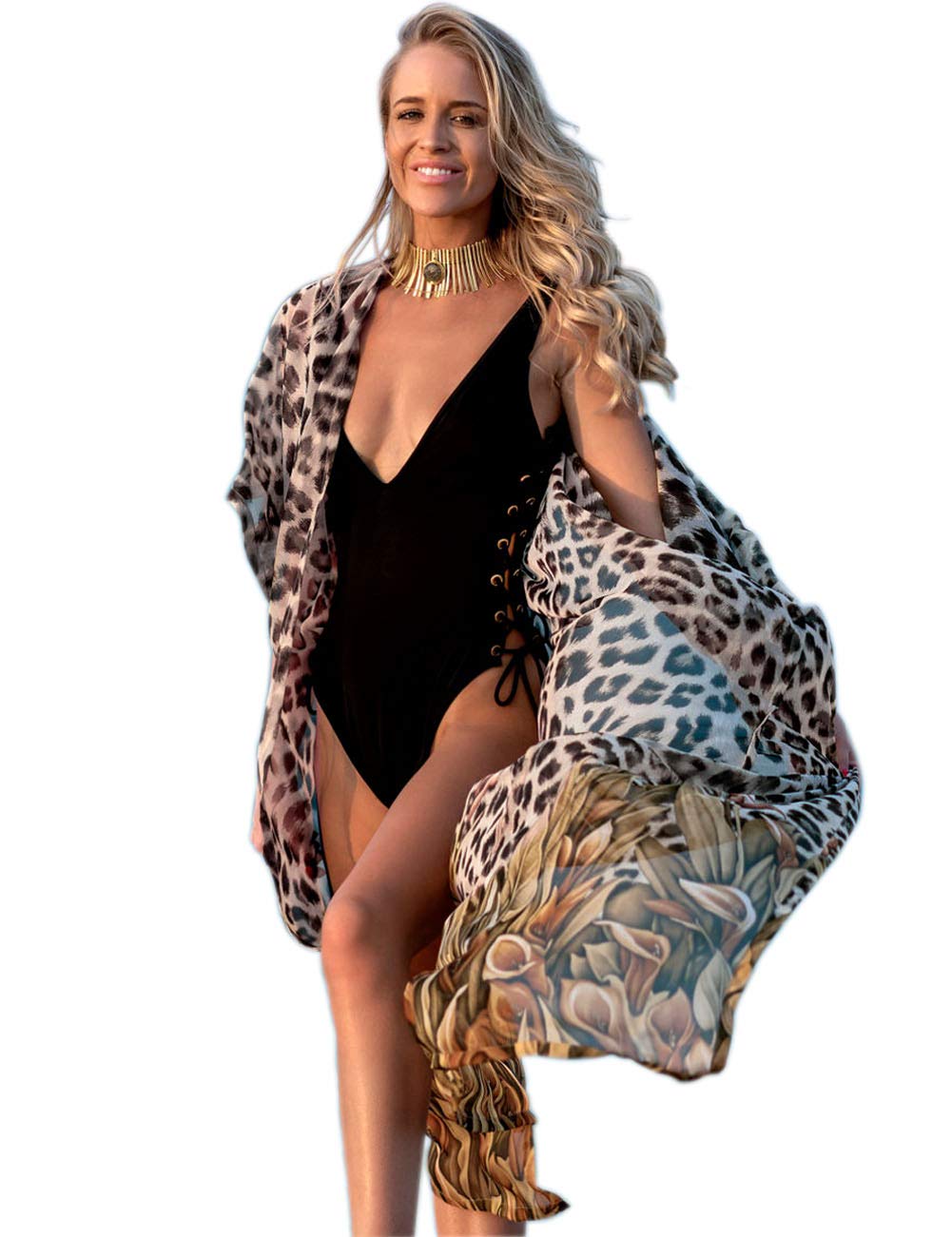 GRACINWomens Plus Size Kimono Cover Up Chiffon Beach Swimsuit Bikini Coverups Long Cardigan Bohemian(Leopard Print)