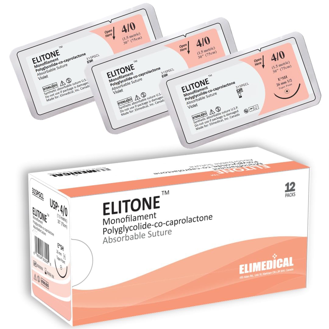 ELITONE Suture with Taper Point Needle, 12 Pack. Sutures for Surgical Wound Training Students, Practice and Educational Use. Polycaprolactone Absorbable Material 4/0 PGCL, 30”, SH, Violet 315PGCL
