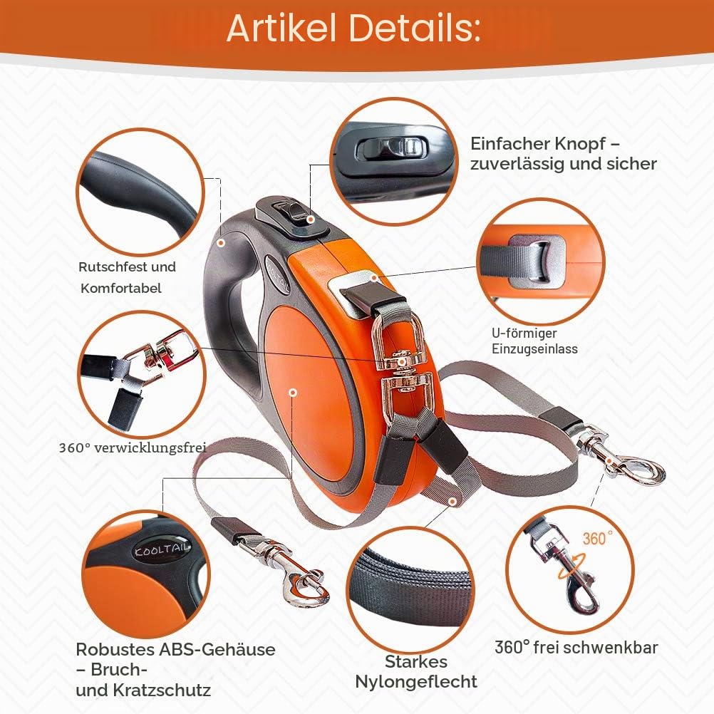 KOOLTAIL Dual Retractable Hundeleine für Zwei Hunde bis 110 Lbs, Heavy Duty Doppelkopf 16 ft Erweiterbare 360° Tangle-Free One Button&Lock Bremse Hundeleine für kleine mittlere Orange