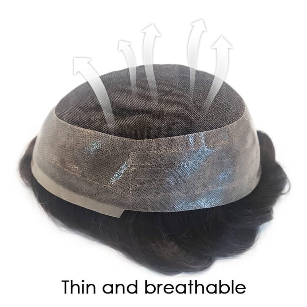 Men's Toupee Protesi capillare in capelli umani naturali, toupee traspirante, mono superiore fine con PU intorno, da uomo(6x9)