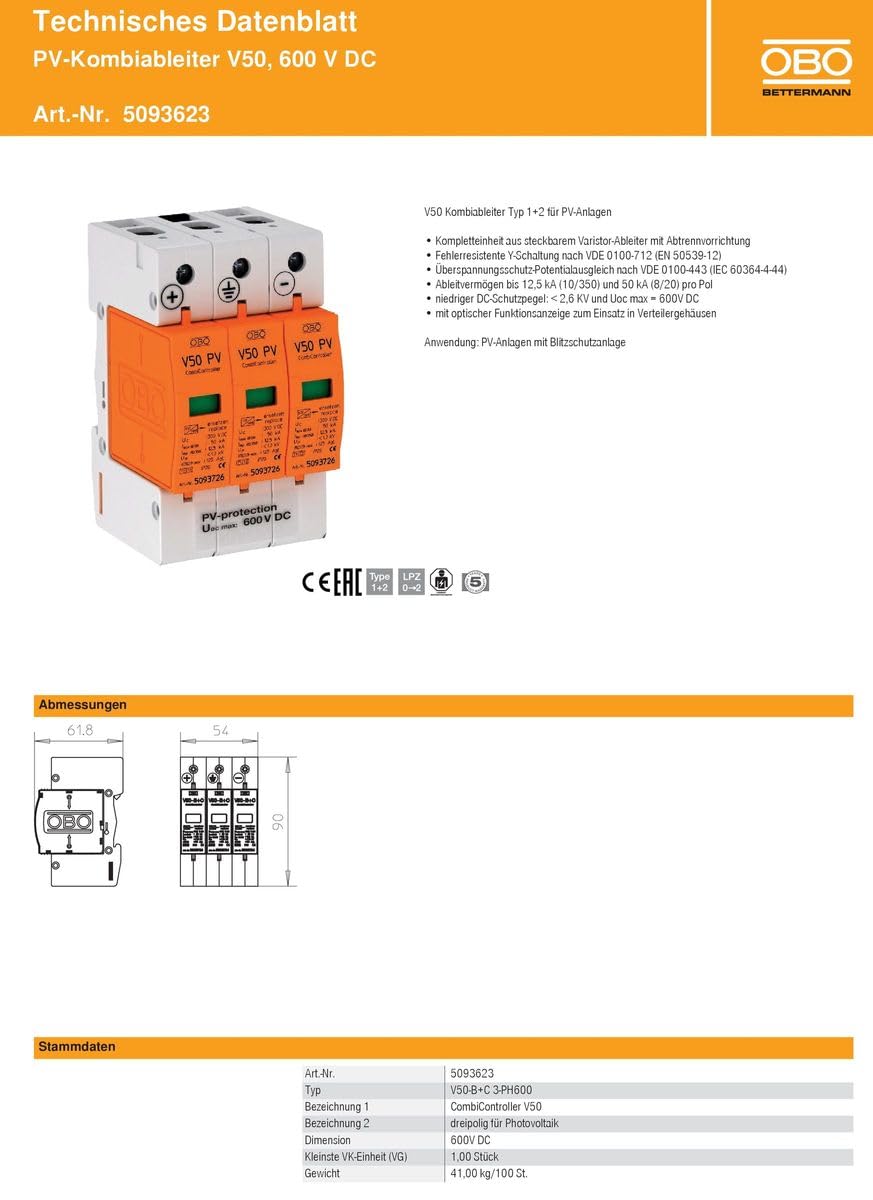 OBO V50-B+C 3-PH600 Descargador fotovoltaico Combinado V50 600V DC 3 Polos para fotovoltaico CombiController (5093623)