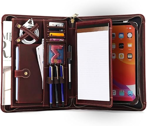 Luxffel Cartera de cuero, Padfolio de cuero para hombres y mujeres con cremallera, organizador de cartera de cuero de caballo loco vintage, carpeta