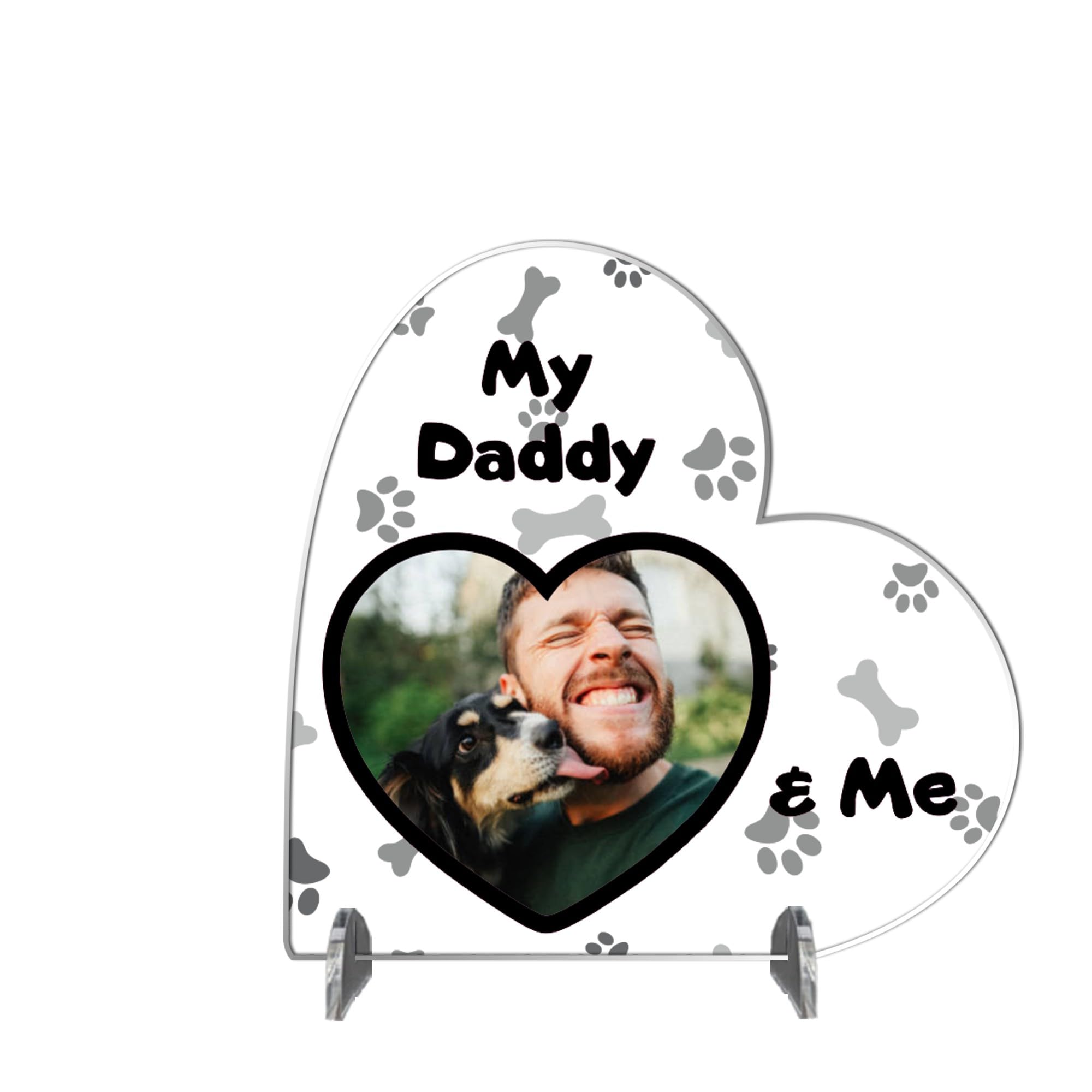 Personalised Heart Plaque - My Dog Daddy and Me | Pet Photo Frame | Handmade Gift for Dog Dads | Father's Day Present (Acrylic 8.5cm x 8.5cm, Black And Grey)