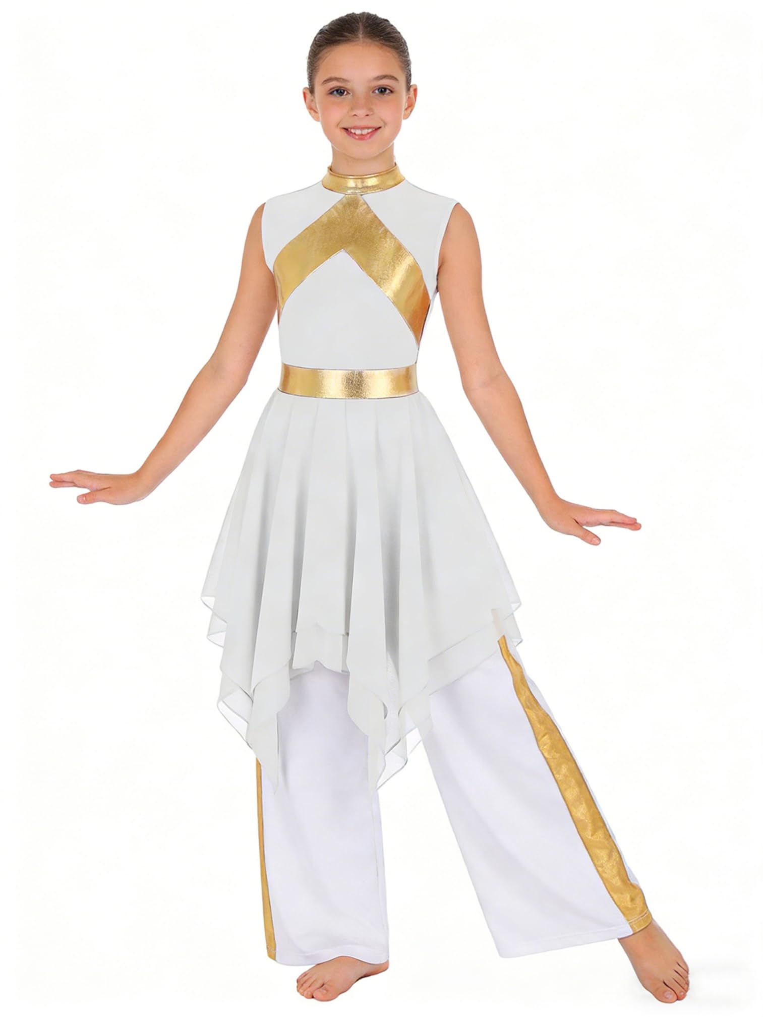Agoky Vestido De Danza Cristiana para Niñas Vestido Litúrgico De Adoración De Iglesia Y Pantalones Anchos Traje De Baile Lírico