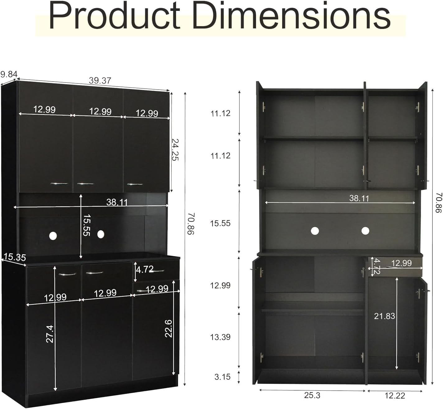 DMAITH 71" Black Kitchen Pantry Cabinets with Microwave Stand, 6 Doors & 3 Adjustable Shelves, Freestanding China Cabinet Hutch, Buffet Cabinet with Storage